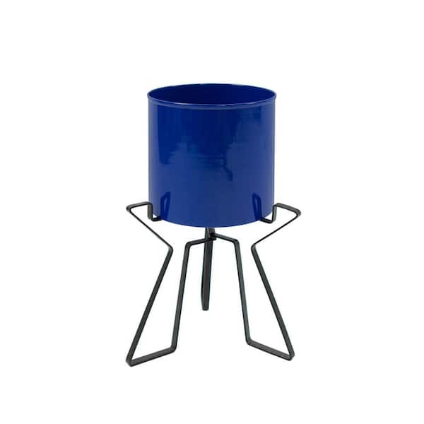 15in.H X 9.25in.W Cylinder French Blue Galvanized Steel Planter Pot w/Black Wrought Iron Plant Stand, Indoor Outdoor Use