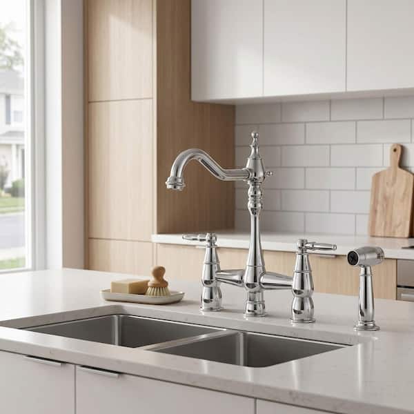 Brass Double Handle Bridge Kitchen Faucet with Side Sprayer in Polished Chrome