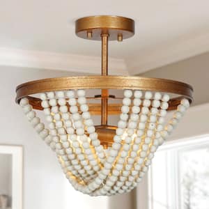 Modern Farmhouse Kitchen Ceiling Light 2-Light Antique Gold Dome Semi-Flush Mount Light with White Wood Beads