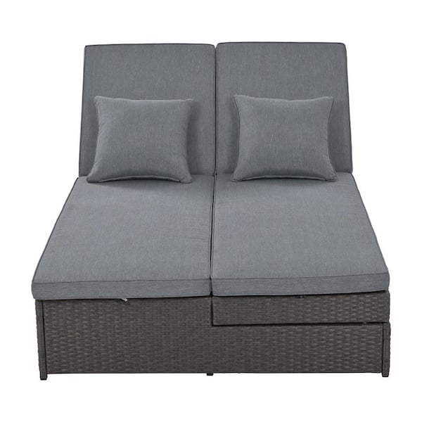 Unbranded Gray Wicker Outdoor Day Bed with Dark Gray Cushions and Pillows Adjustable Backrest and Seat