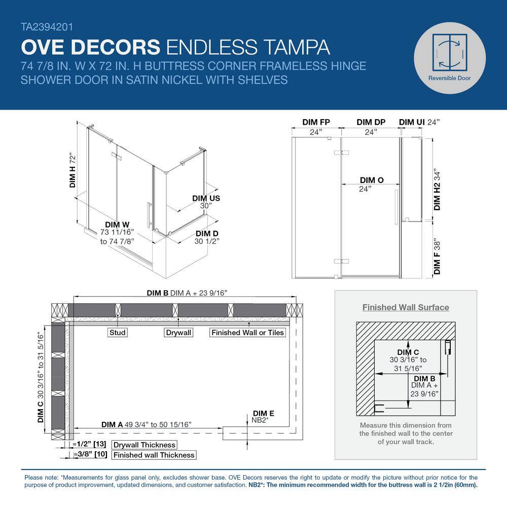 Tampa 74" Satin Nickel Frameless Corner Shower Enclosure with Glass Panels