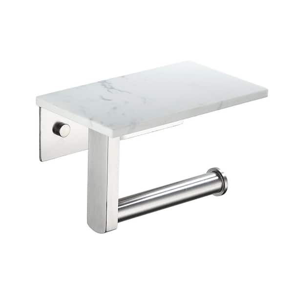 Wall Mount Single Post Toilet Paper Holder with Marble Shelf in Brushed Nickel