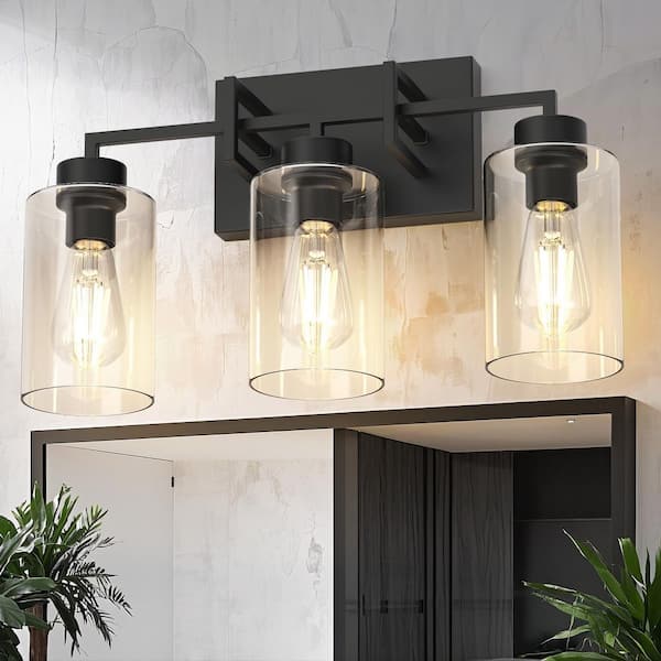 18 in. 3-Light Black Farmhouse Vanity Light with Clear Glass Shades Bathroom Wall Fixture