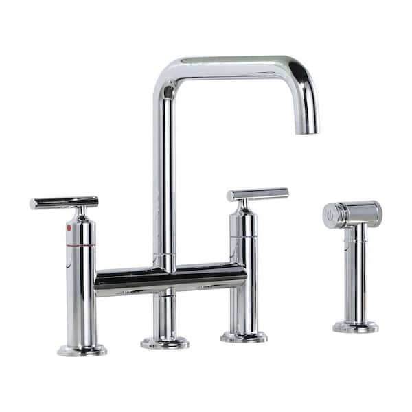 Brass Double Handle Bridge Kitchen Faucet, Deck Mount Kitchen Sink Faucet with Side Sprayer in Chrome
