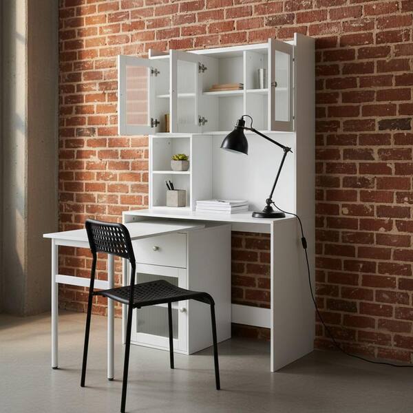 Homy Casa RAFP 39 in. Pearl White Office Suite with Rotating Desk
