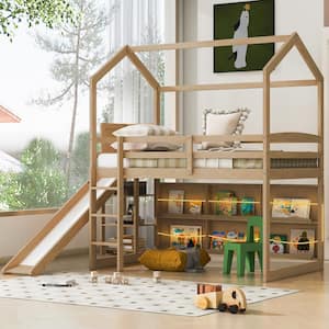 Wood Twin Size Wood House Loft Bed with Slide, Storage Shelves, Bookshelves and Light Strips