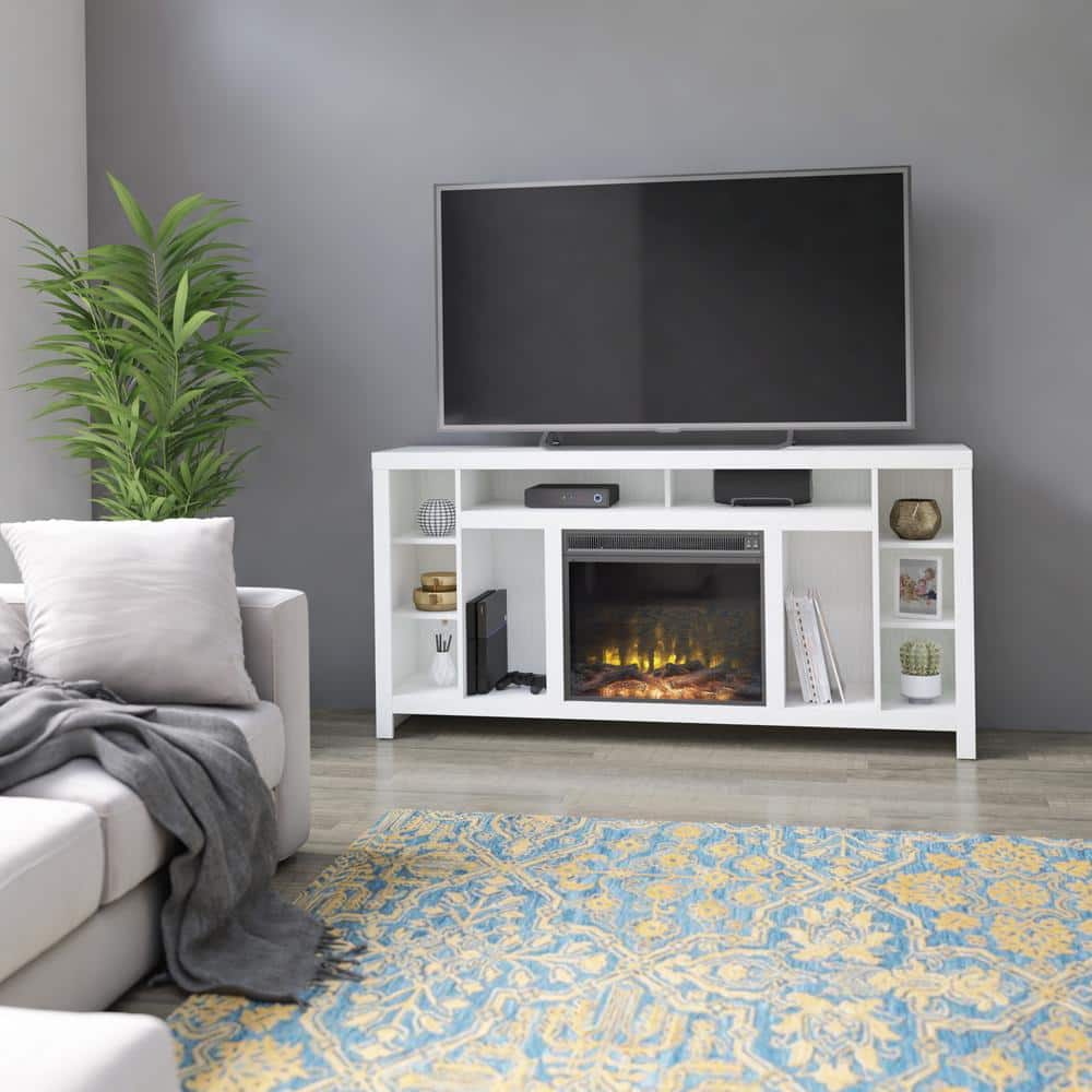 White Wood 68" TV Stand with Electric Fireplace