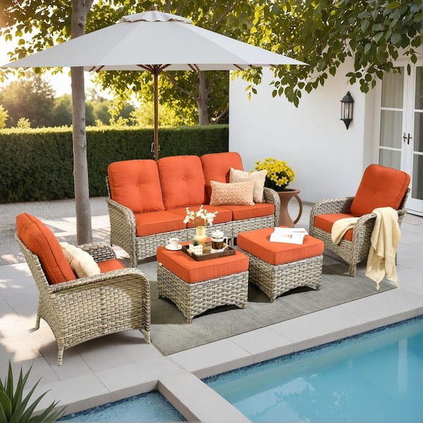 Beverly Gray 5-Piece Wicker Outdoor Patio Conversation Sofa Seating Set with Ottomans and Orange Red Cushions