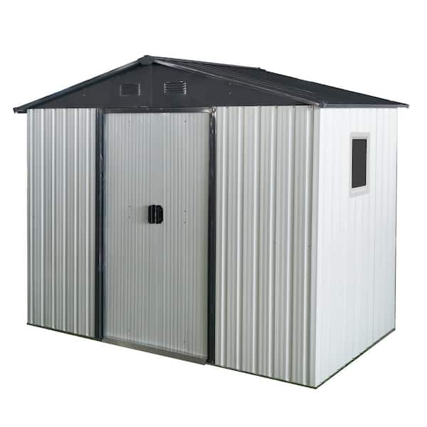 7.41 ft. x 3.90 Metal Shed with Sliding Double Door Storage Shed, Air Vents and Windows in White and Black (21 sq. ft. )