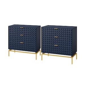 Vico Mid-century Navy 31 in. Tall Embossed Pattern 3-Drawer Storage Cabinet Set with a Metal Base Set of 2
