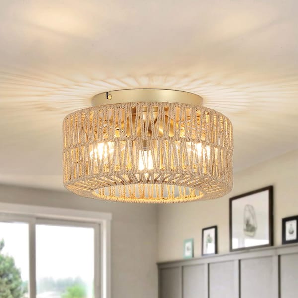 12.8 in. 3-Light Woven Rattan Semi-Flush Mount Ceiling Light with Hand-Woven Rattan Shade