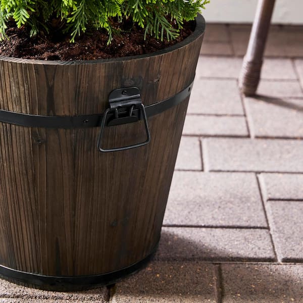 Vigoro 14 in. Jackson Medium Brown Wood Barrel Planter (14 in. D x