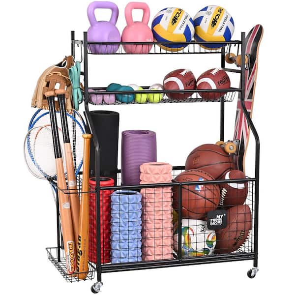 200 lbs. Weight Capacity Sports Equipment Storage Rack with Ball Bins Bat Holder Hooks and Lockable Wheels for Garage