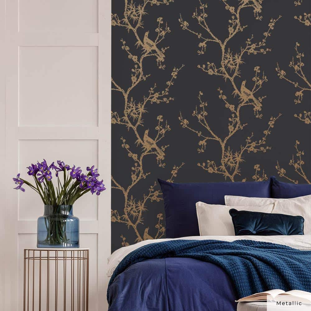 Black and Gold Chinoiserie Bird Peel and Stick Wallpaper