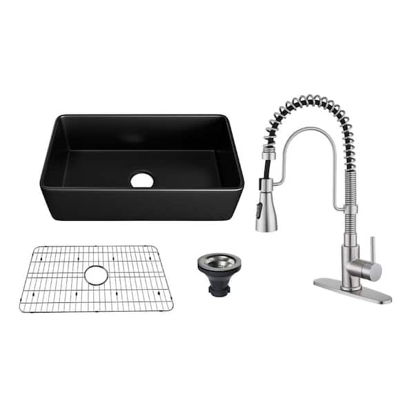 CASAINC All-in-1 33 in. Farmhouse/Apron-Front Single Bowl Fireclay Kitchen Sink with Kitchen Faucet, Grid, and Basket Strainer