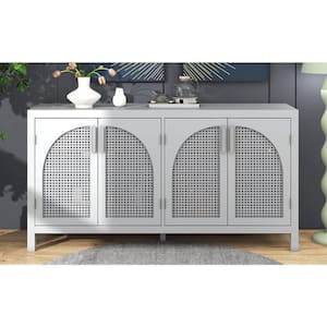 Gray Wood 60 in. 4-Rattan Door Sideboard Modern Buffet Cabinet with Adjustable Shelves and Large Storage Space