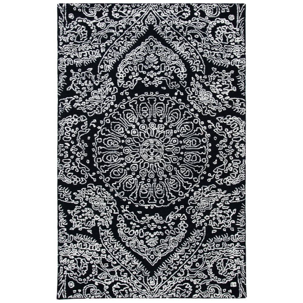 Black and Ivory Floral Hand-Tufted Wool 6' x 9' Area Rug
