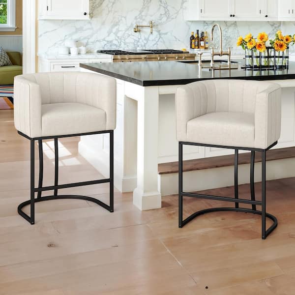 LUE BONA Siska 26 in.Modern Linen Fabric Upholstered Counter Stool with Black Metal Frame Barrel Counter Bar Stool Set of 2