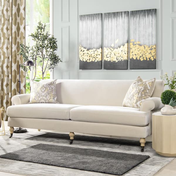 Calvin Modern 88 in. Rolled Arms Performance Velvet Rectangle Lawson Sofa in French Beige, 2-Cushion Tight Back Couch