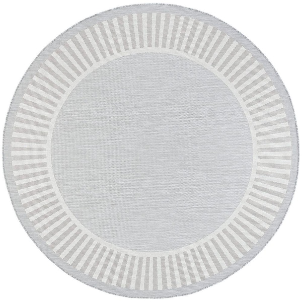 Tayse Rugs Eco Striped Border Gray 6 ft. Round Indoor/Outdoor Area Rug