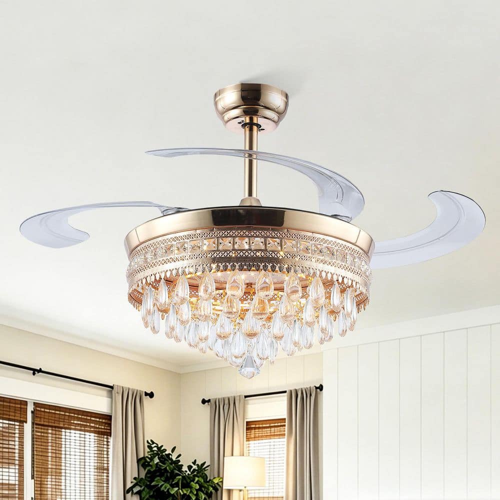48 in. Indoor Modern Retractable Gold Crystal Ceiling Fan with Light Kit and Remote Control price history on PriceWatchPro