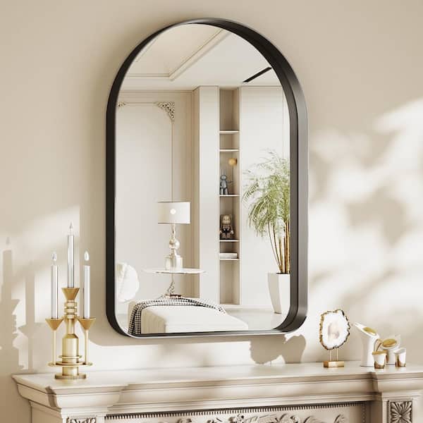 GLSLAND 26 in. W x 38 in. H Arch Metal Deep Framed Wall Bathroom Vanity Mirror Black