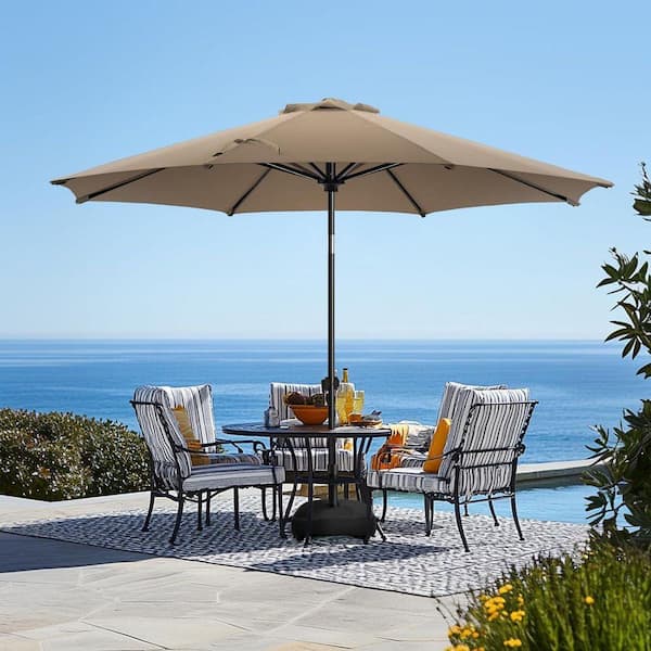 base for 9ft patio umbrella Primehome 9 ft. Patio Umbrella for Outdoor with Push Button Tilt and Crank Table Umbrella Plus Base in Tan