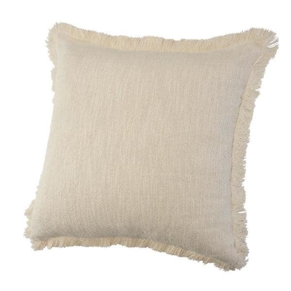 Off-White Cotton 20" Square Fringed Throw Pillow