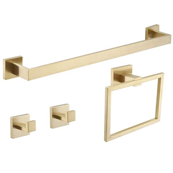 BWE 4-Piece Bath Hardware Set with towel Bar for Bathroom Wall Towel/Robe Hook and Towel Ring in Brushed Gold