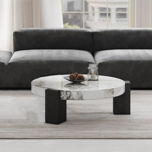 Magic Home 35 in. Artificial Geometry Modern Round White Solid Wood Accent Coffee Table for Living Room