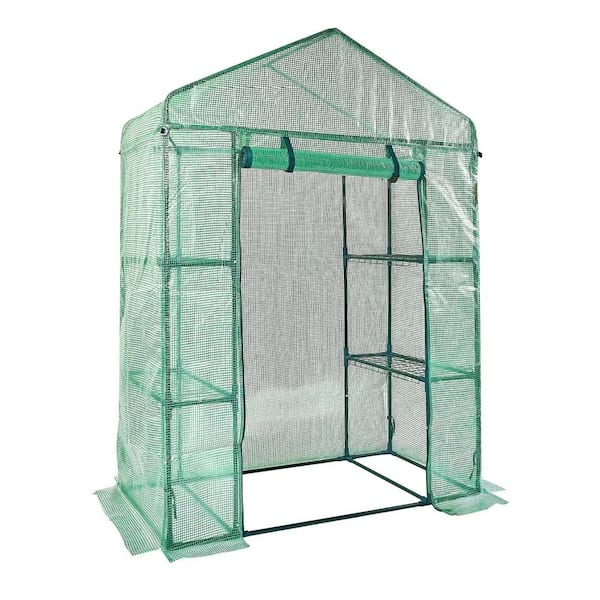 Walk-In Greenhouse 4.6 x 2.4 x 6.7 ft. Steel Frame Green PE Cover Outdoor Plant Greenhouse with Shelves and Doors
