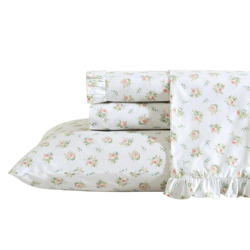 Laura Ashley Rose ford 4-Piece White Apricot 100% Cotton Queen