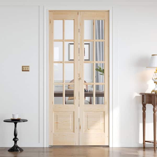 36 in. x 80 in. 3/4 Lite Clear Glass Solid Core Spruce Wood French Brown Bi-Fold Door with Hardware