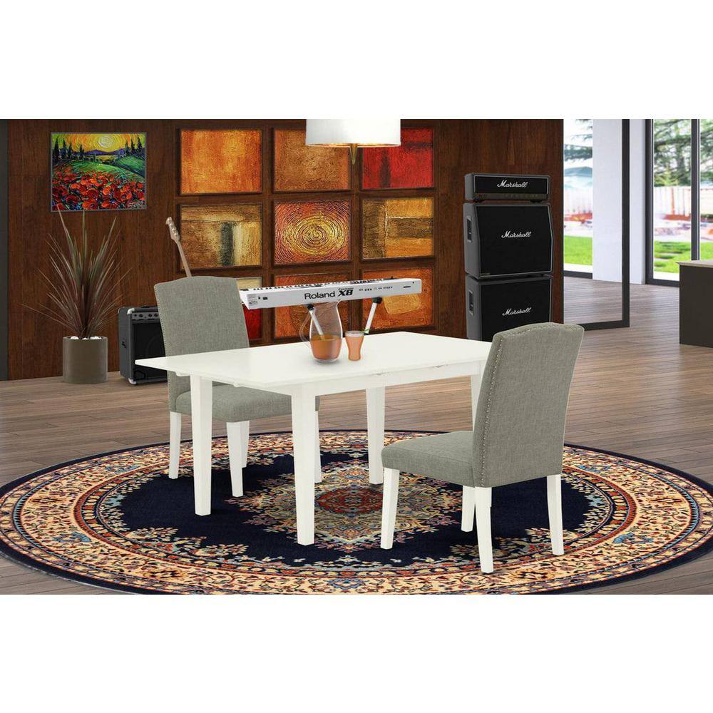 3-Piece Linen White Finish Rectangular Solid Wood Top With Butterfly Leaf Dining Table Set