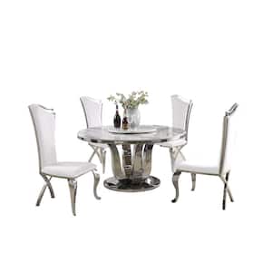 Gina 6-Piece Round Marble Top W/Lazy Susan And Stainless Steel Base Table Set With 4 Long Back White Faux Leather Chairs