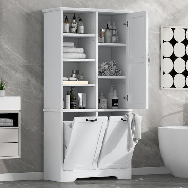 Nestfair 31 in. W x 14 in. D x 68 in. H Freestanding White Linen Cabinet with Tilt-Out Laundry Hamper and Adjustable Shelf