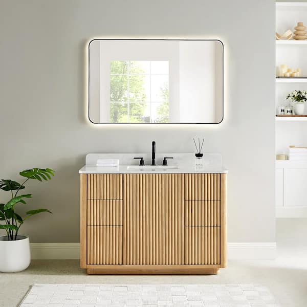 Clayton 48 in. Single Freestanding Washed Light Brown Bath Vanity with Grain White Engineered Stone Top Assembled Mirror