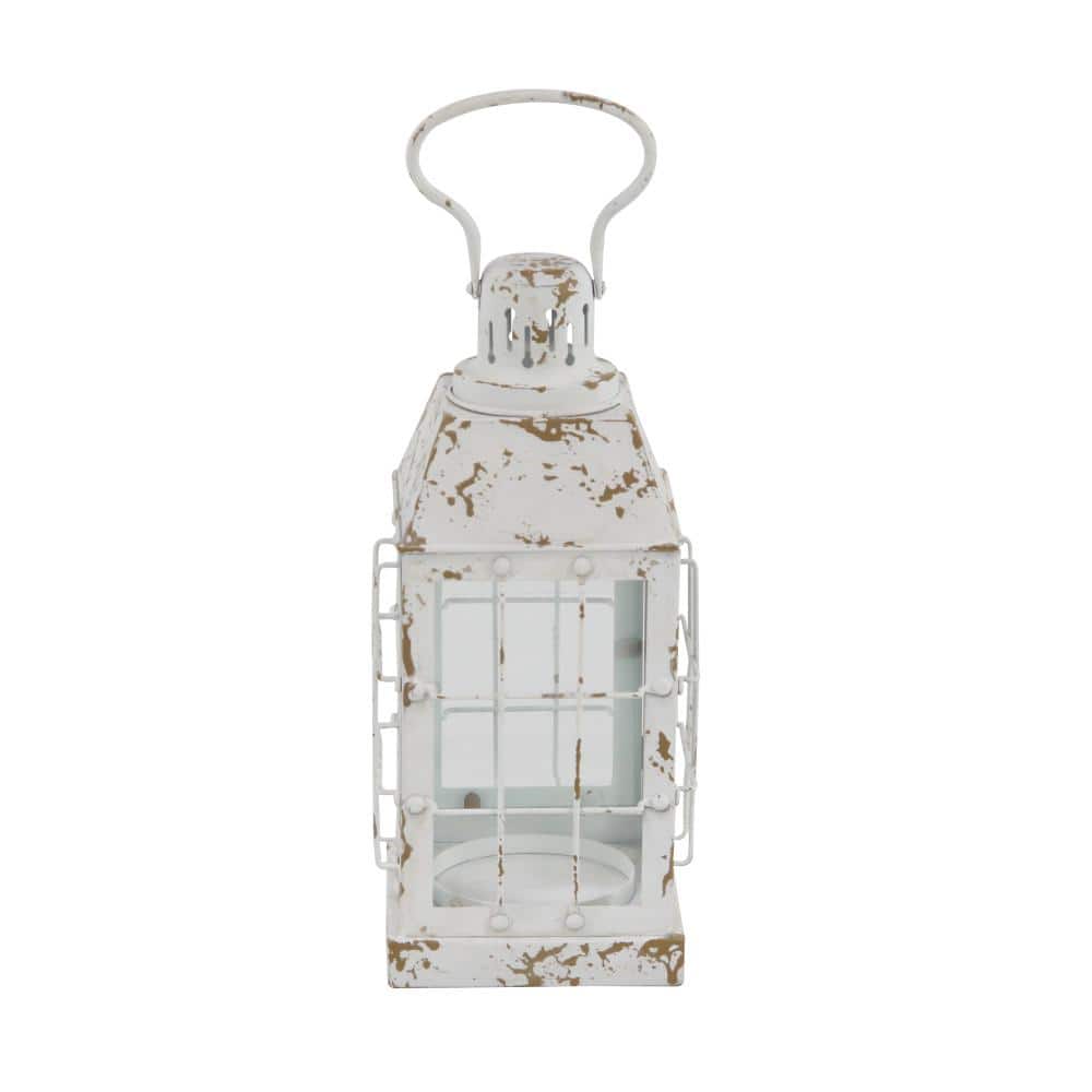 Vintage White Metal Candle Lantern with Distressed Finish - 7"x14"