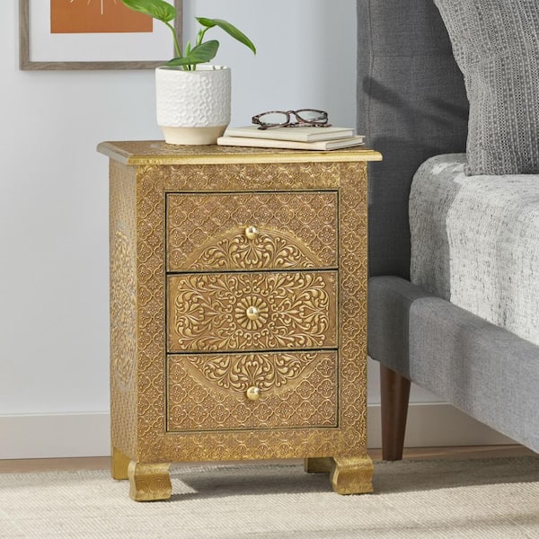 Noble House Tattnall 3-Drawer Gold Nightstand