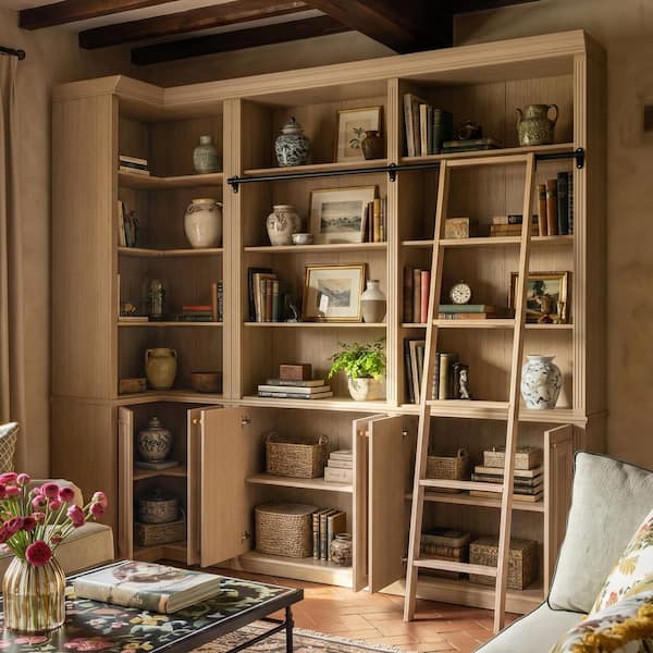 97.6 in. Tall Natural Wood 12-Shelf Accent Bookcase with Sliding Ladder, Lower Paneled Cabinets, Corner Design