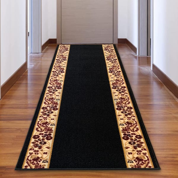 Flower Bordered Black Color 31 in. Width x Your Choice Length Custom Size Roll Runner Rug/Stair Runner