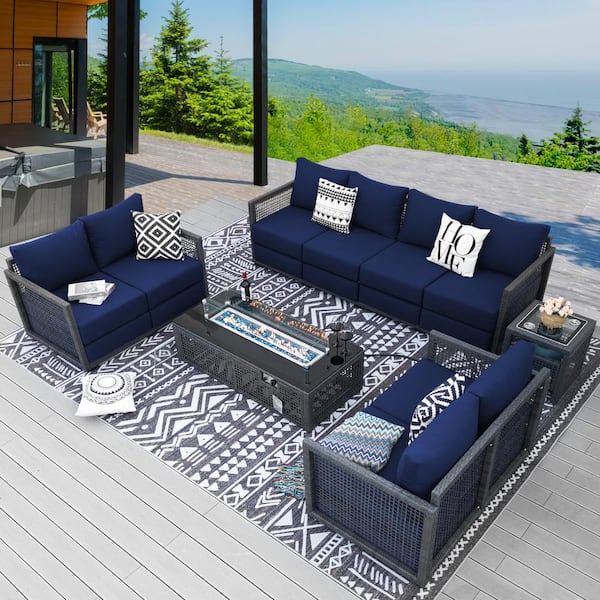 FINCATI 6-Piece Modern Patio Outdoor Gray Wicker Deep Seating Sofa Set, Fire Pit and Blue Cushions