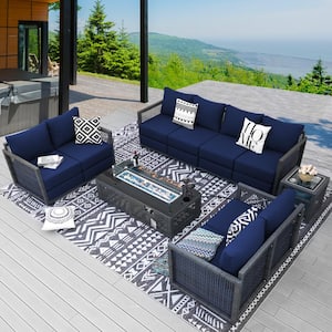 6-Piece Modern Patio Outdoor Gray Wicker Deep Seating Sofa Set, Fire Pit and Blue Cushions