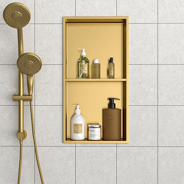 13 in. W x 25 in. H x 4 in. D Shower Niche Set of 1-Pieces in Gold with Shelf