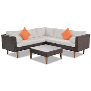 4-Piece Brown Wicker Patio Conversation Set with Beige Cushions, Coffee Table and Orange Pillows