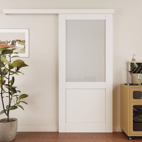 36 in. x 80 in. Hidden Track Style 1/2 Lite Frosted Glass White Primed MDF Sliding Barn Door with Hardware Kit