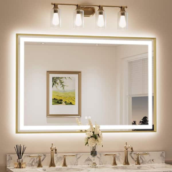 48 in. W x 32 in. H Rectangular Framed LED Lighted Bathroom Vanity Mirror with Light in Gold with Backlit and Anti-Fog