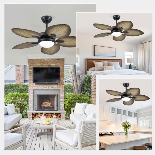 44 in. Indoor/Outdoor Black Retro 5 Palm Leaf Shaped Blades Ceiling Fan with Dimmable LED Light and Remote/APP