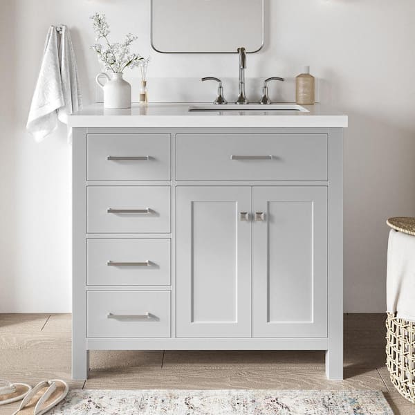 ARIEL Bristol 37 in. W x 22 in. D x 36 in. H Freestanding Bath Vanity in Grey with Pure White Quartz Top