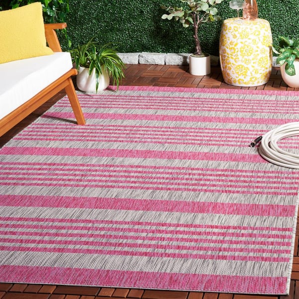 Courtyard Light Gray/Fuchsia 5 ft. x 8 ft. Geometric Striped Indoor/Outdoor Area Rug